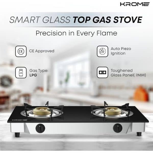 Krome Gas Stove 2 Burners| Auto Piezo Ignition| Double Brass Burners| 100MM Brass Burner Cap| LPG Cooktop| Enamel Square Pan Support| Flame Failure...