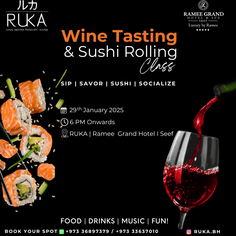 Wine Tasting & Sushi Rolling Class at Ruka  Ramee Grand Hotel & Spa