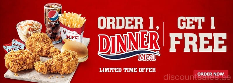 Order 1 Dinner Meal GET 1 FREE @ KFC Fast Foods & Coffee Shops Shop Online at Dubai Offers 2