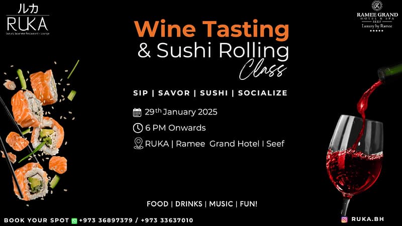 Wine Tasting & Sushi Rolling Class at Ruka Workshops Ramee Grand Hotel & Spa - Image 2